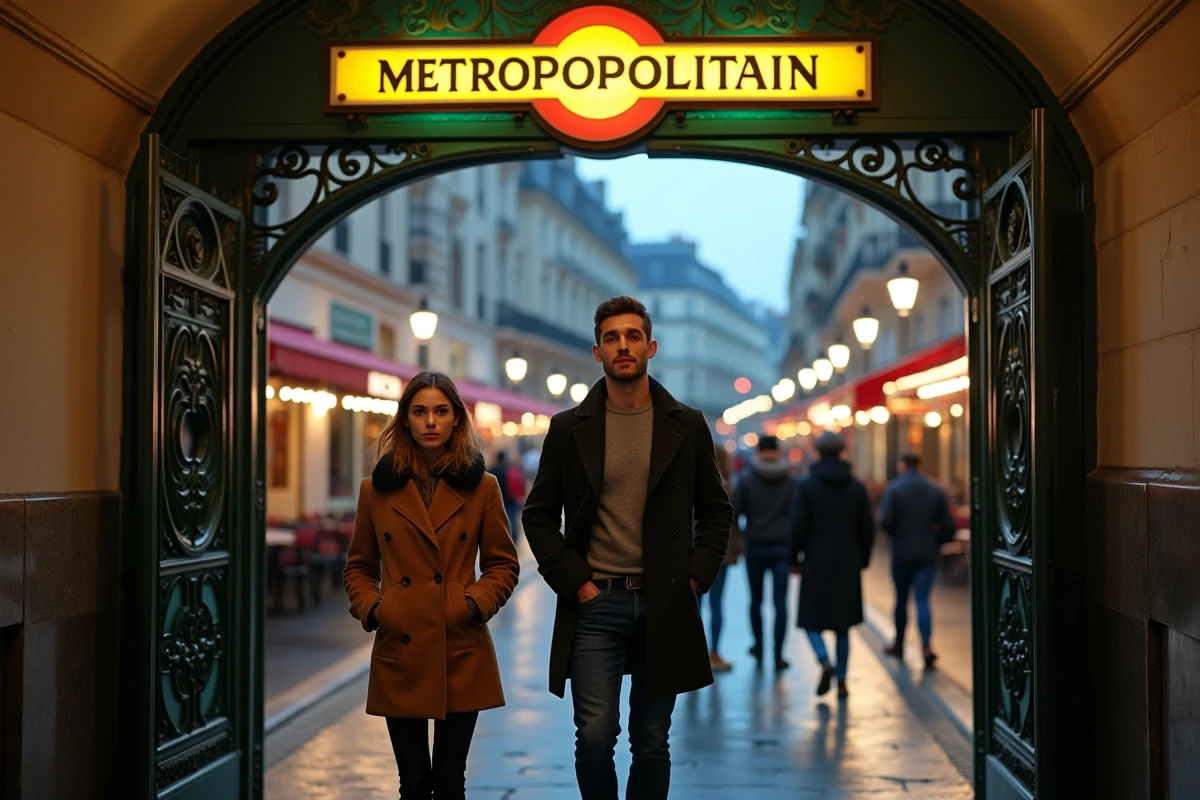 Groupe d'amis sortant d'une station de métro parisienne ligne 9 le soir pour une sortie nocturne