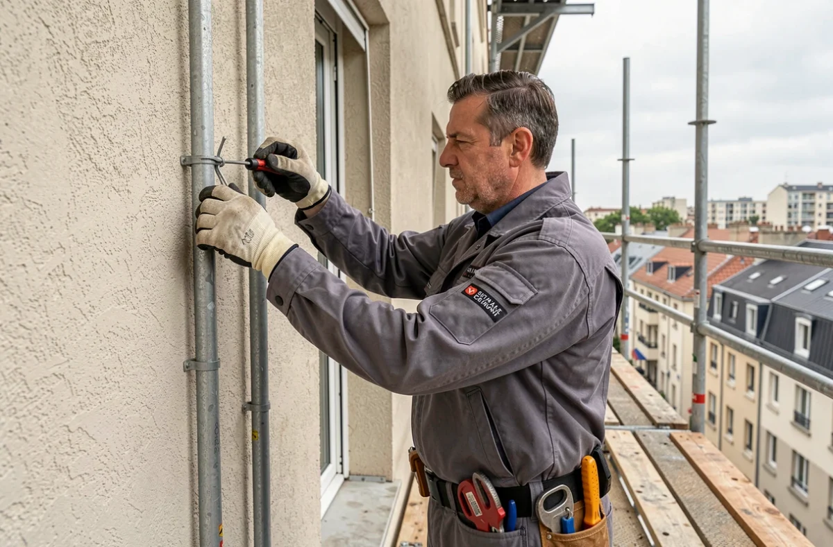 Électricien de Soukouna Électricité posant des conduits sur la facade d'un immeuble à Saint-Denis