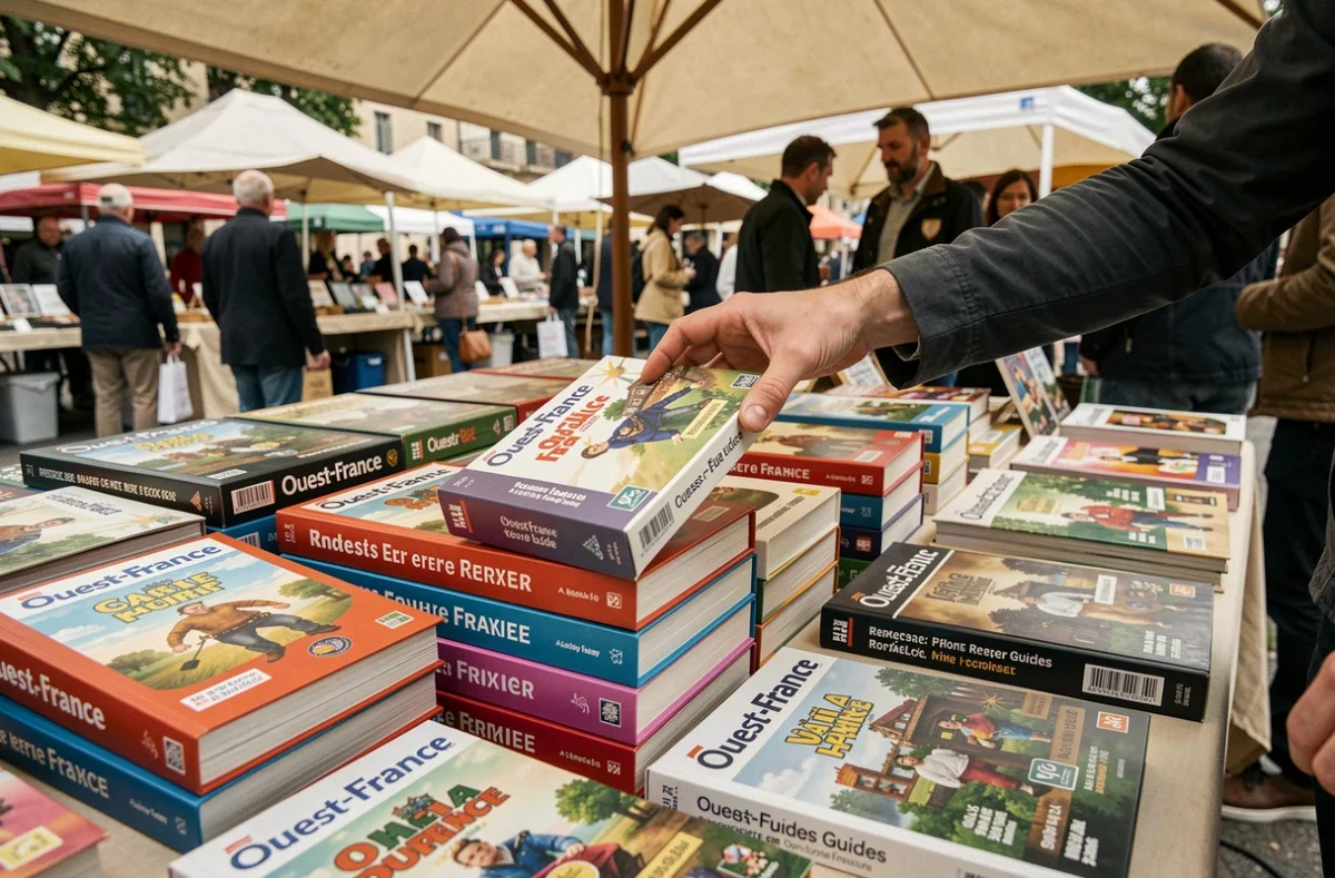 Stand de jeux Ouest-France sur un marché avec un visiteur feuilletant les boîtes de jeux