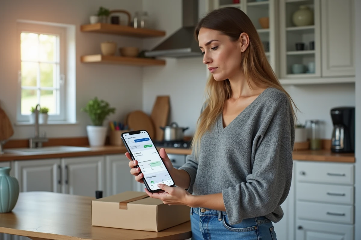 Femme consultant le suivi de colis GLS sur son smartphone dans une cuisine moderne