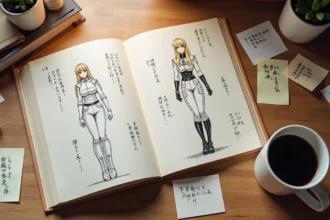 Livre d'art manga ouvert sur des croquis de design du personnage Tia Halibel de Bleach avec des notes d'interview de Tite Kubo sur un bureau en bois