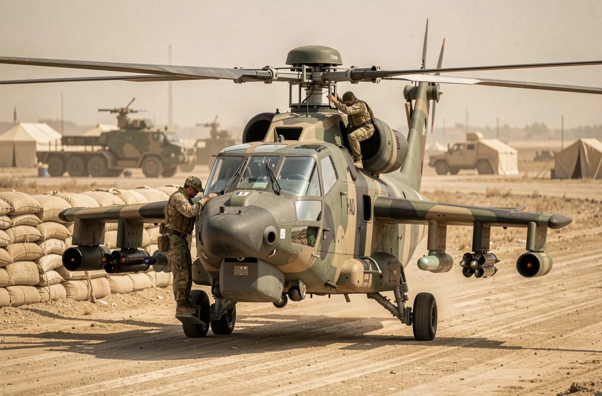 Hélicoptère d'attaque Tiger HAD de l'Armée française sur une base opérationnelle avancée avec équipage effectuant une inspection pré-vol