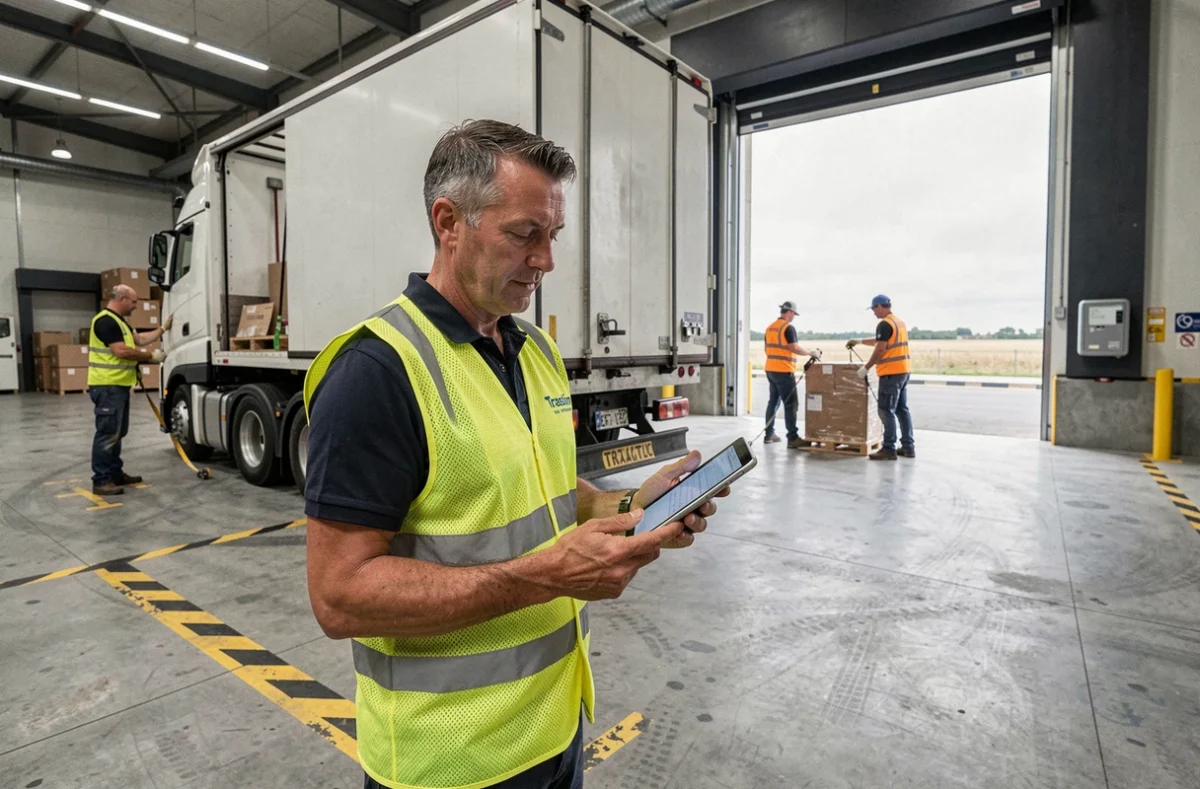 Coordinateur logistique de Transim vérifiant un manifeste numérique sur un quai de chargement dans une plateforme industrielle du Nord