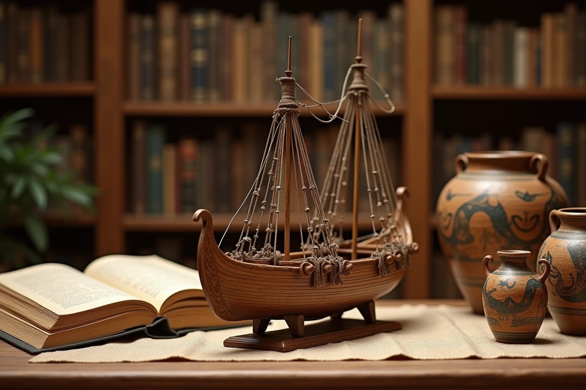 Maquette de trirème grec antique entourée de livres d'archéologie et d'amphores décorées de motifs mythologiques marins