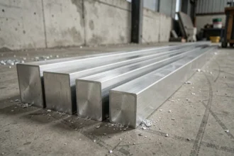 Tubes rectangulaires en aluminium de différentes tailles alignés sur un sol en béton dans un atelier industriel