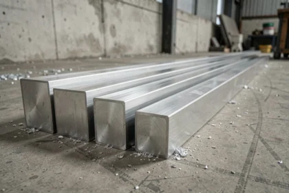 Tubes rectangulaires en aluminium de différentes tailles alignés sur un sol en béton dans un atelier industriel