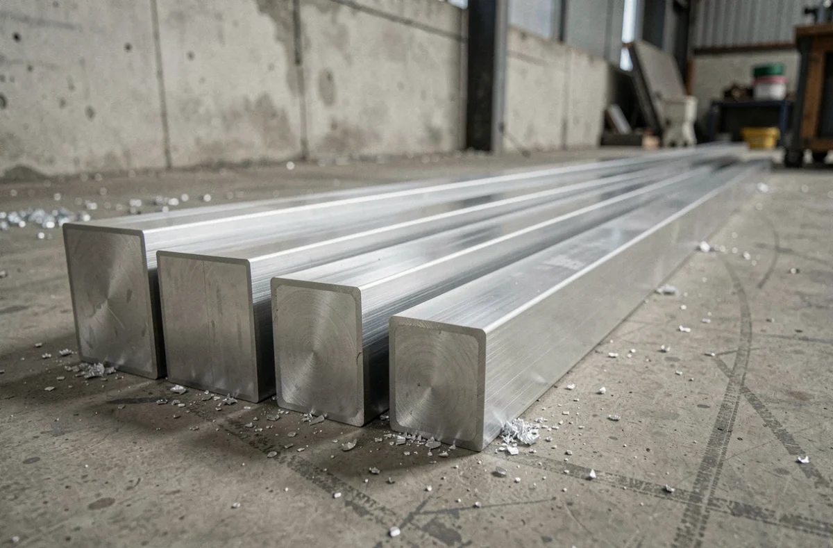 Tubes rectangulaires en aluminium de différentes tailles alignés sur un sol en béton dans un atelier industriel