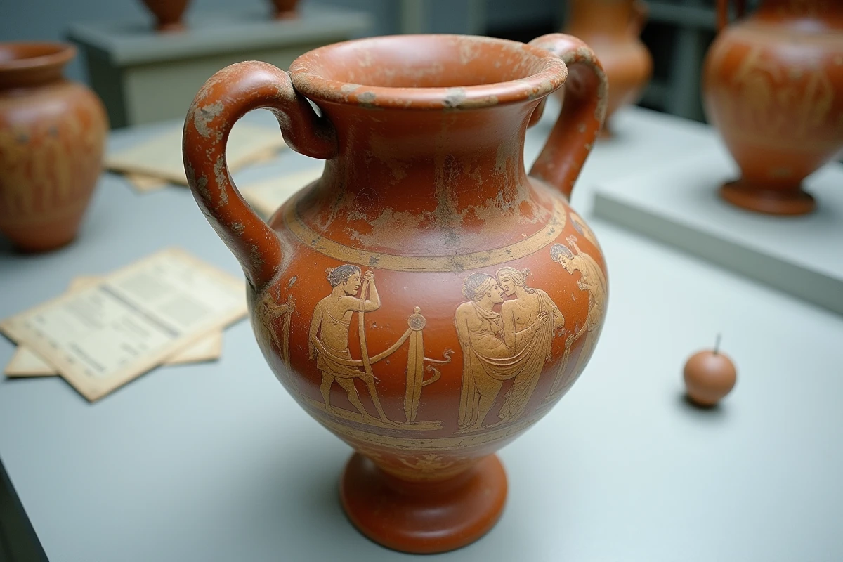 Fragment de vase grec à figures rouges représentant Poséidon et Amphitrite, exposé sur une table de conservation muséale