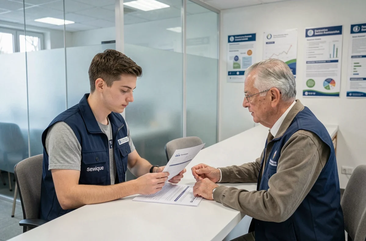 Jeune volontaire en service civique discutant de sa rémunération et de ses obligations fiscales avec un conseiller en administration publique