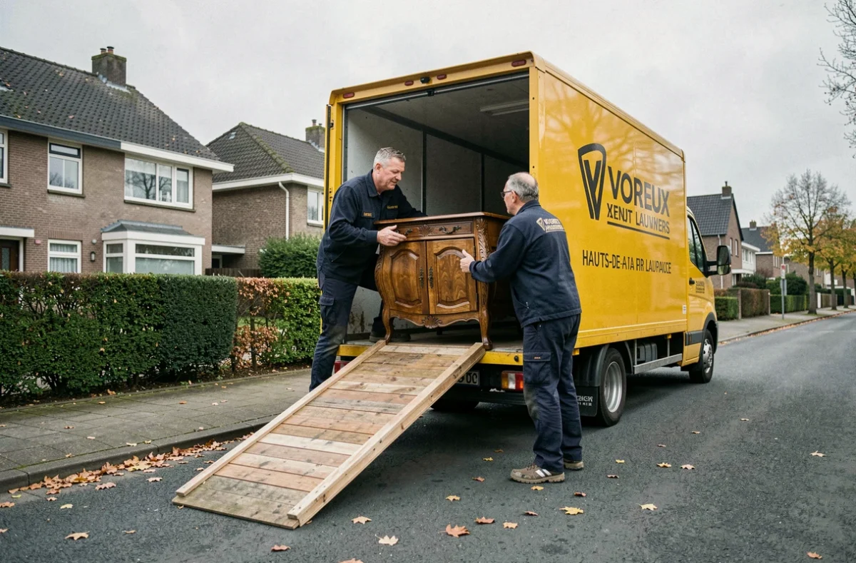 Deux déménageurs de Voreux Lauwers chargeant un buffet ancien dans un camion de déménagement dans une rue résidentielle du Nord