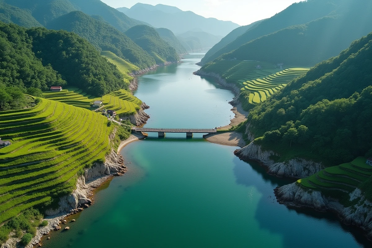 Vue aérienne d'une baie japonaise entourée de rizières en terrasses et de collines boisées